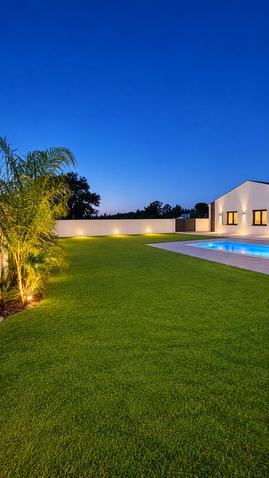 Jardim com palmeira iluminada e piscina na hora azul
