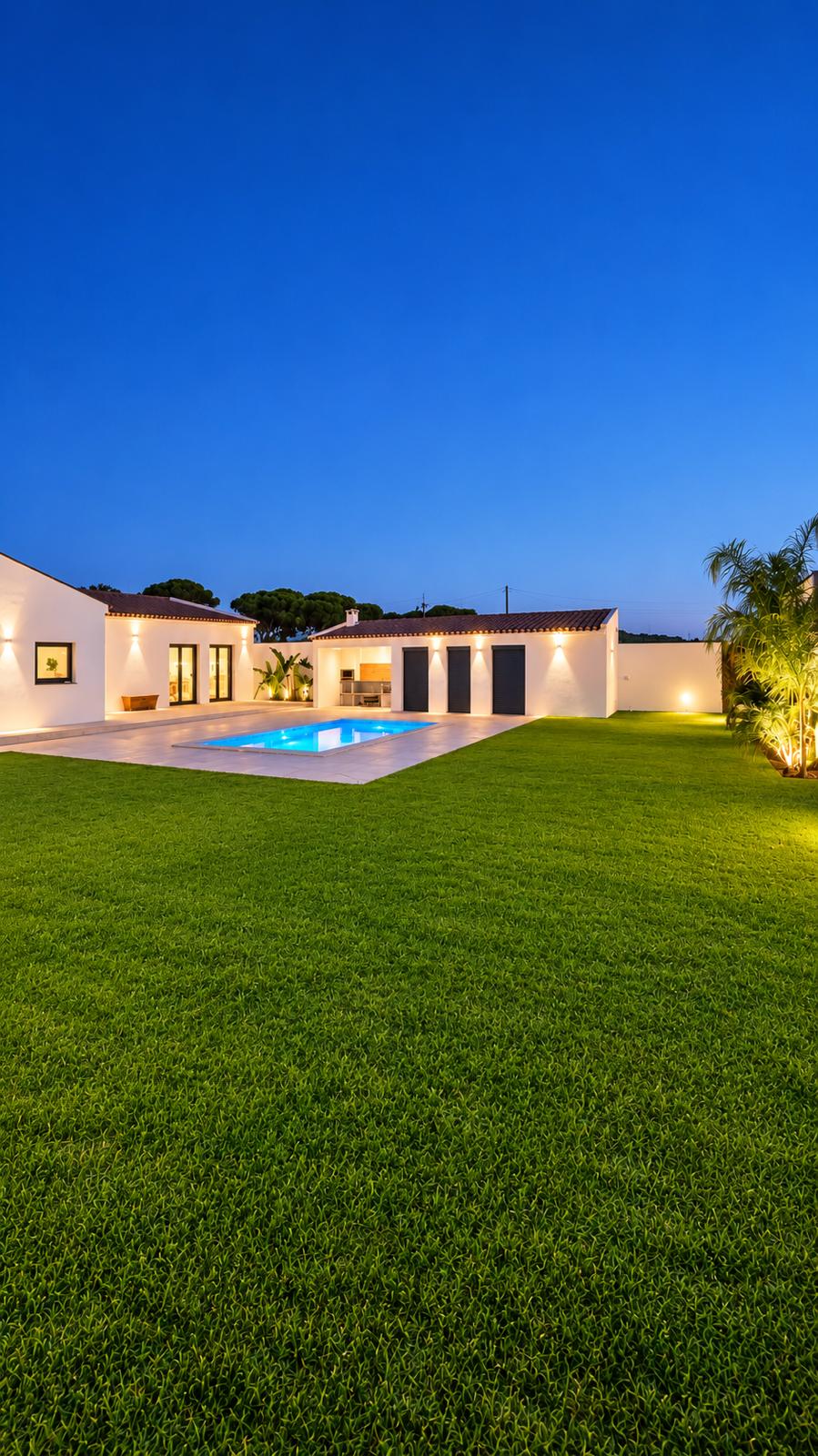 Relvado e piscina iluminados ao crepúsculo