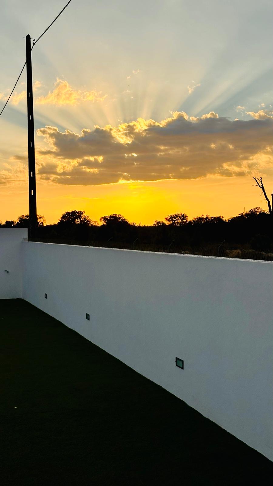Raios de sol ao fim da tarde por cima do muro do jardim
